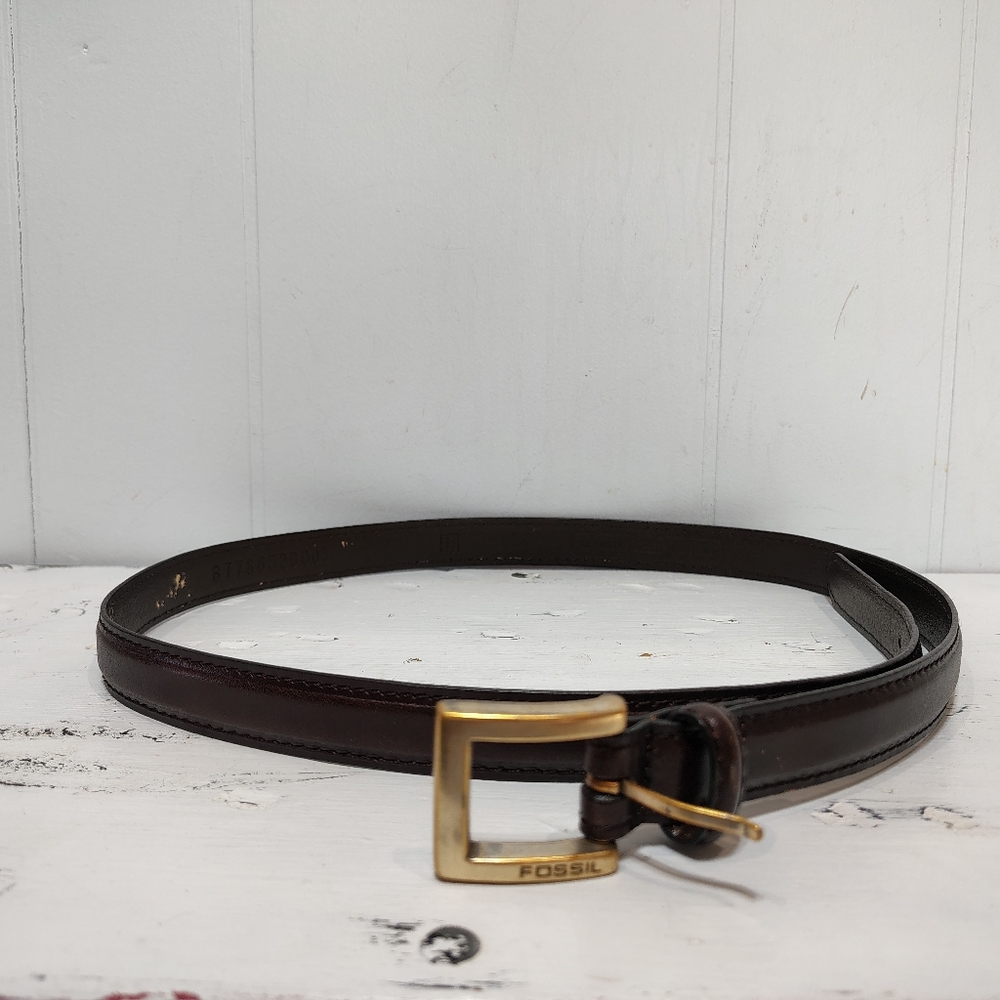 Fossil Brown Leather Belt Gold Buckle Men’s 39.5” Classic Casual Dress